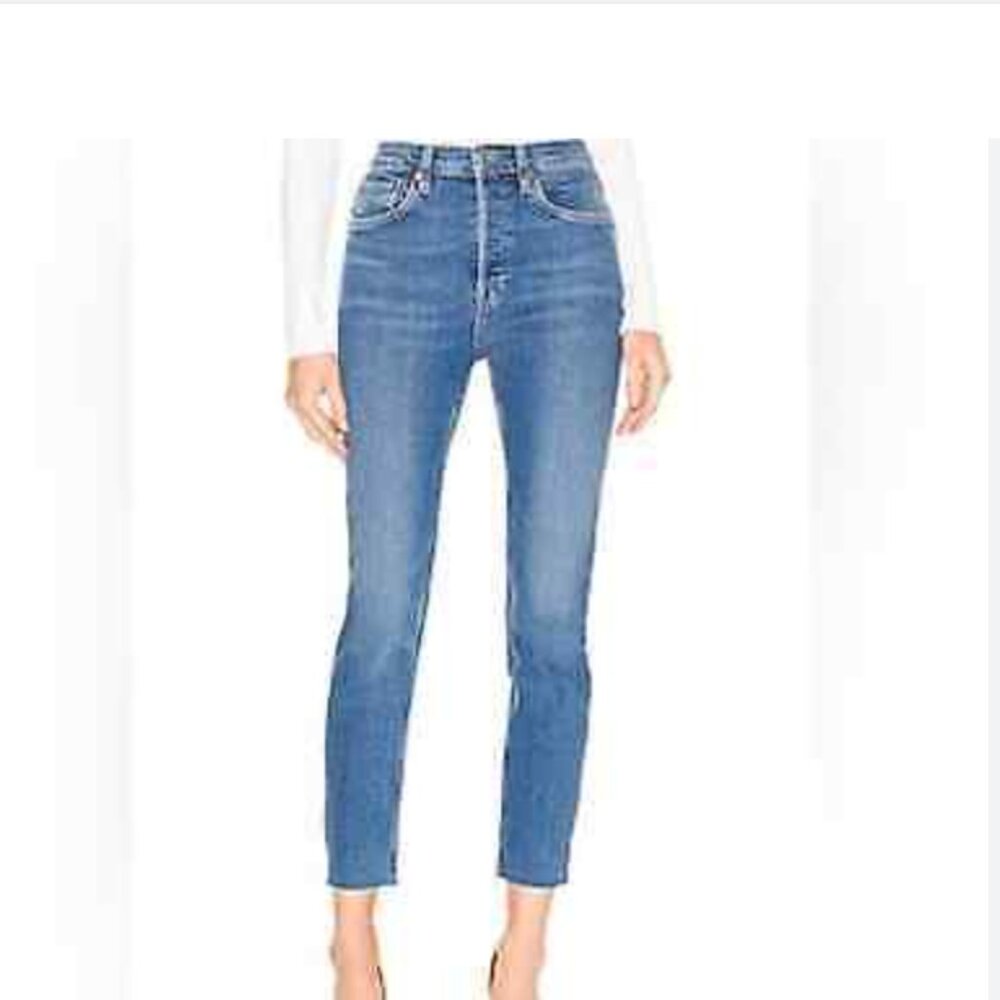 RE/DONE 90s High Rise Ankle Crop French Blue Frayed Hem Jeans size 27